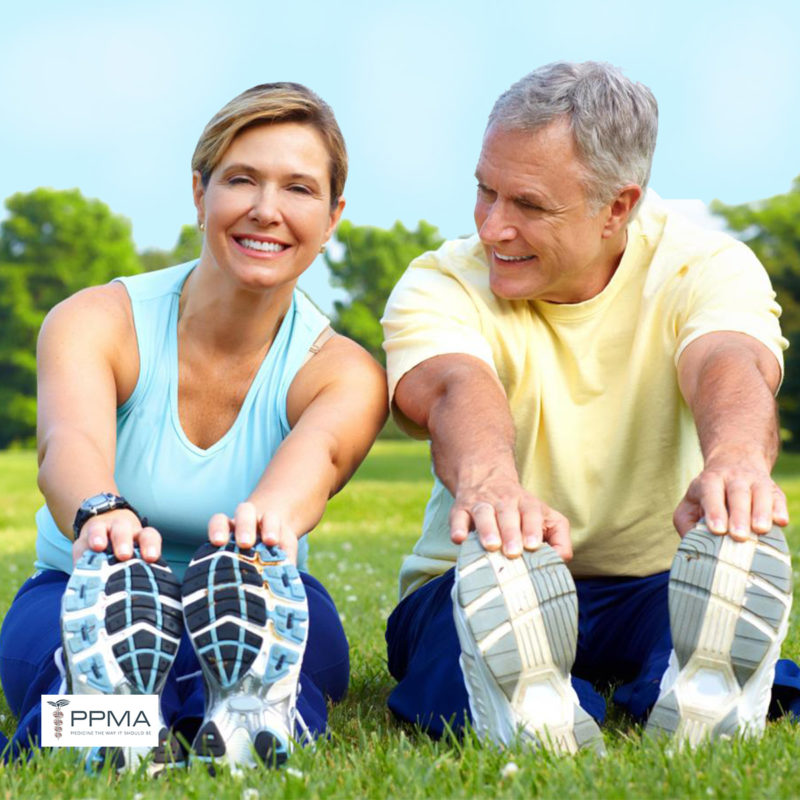 memory screening, memory loss, couple mid-age stretching on grass