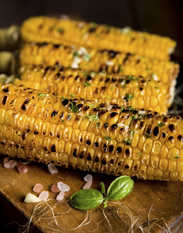 grilled corn on the cob with herb, avocado crema, fresh food, recipe, ppma