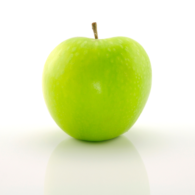 Image of shiny green apple with stem on white surface and background, slight shadow below
