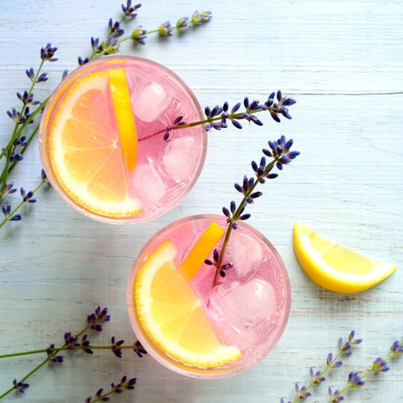 Image includes two glasses of iced lavender lemonade each with a sprig of fresh lavender and a slice of lemon with more lavender and a lemon slice on the table