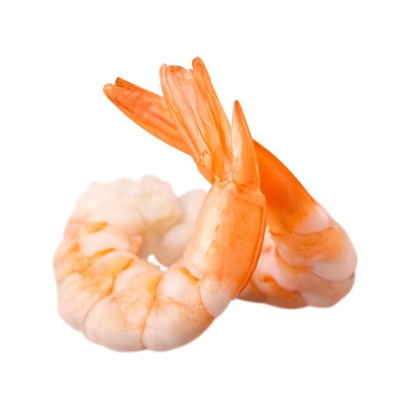 Image of two raw shrimp tails with the tails touching; pink and light pink in color for healthy recipe nutritionist PPMA