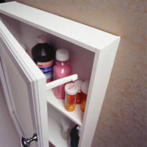 Image peeks into a home medicine cabinet from above, showing miscellaneous items and medicines. PPMA. Private Physicians Medical Associates. 
