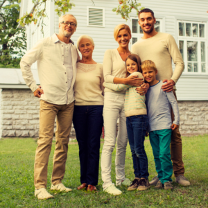 Image of three generations of a family - grandfather, grandmother, mother/daughter, husband, boy, and girl children. Flu and RSV Shots: A Guide to Staying Healthy. PPMA. Private Physicians Medical Associates.