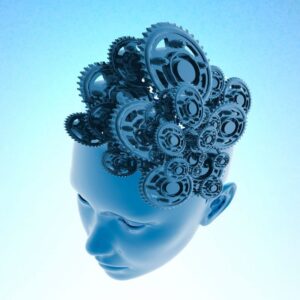 This is an image of a blue sculpted human head with cogs at the top. Modern art to say 