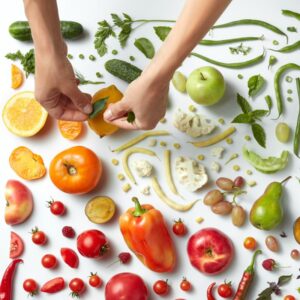 This is an image of artfully arranged nutritious food - fruit and vegetables - and a person's hands shown arranging them. Mindful eating for health in the new year.