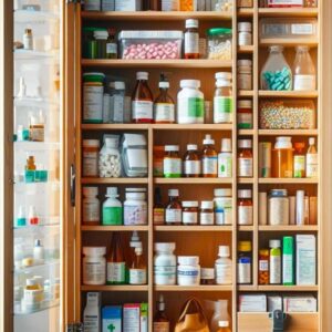 This is an image of a medicine cabinet filled with bottles of medicine and prescriptions. The cabinet is made of wood and stylish. RX Take Back Day