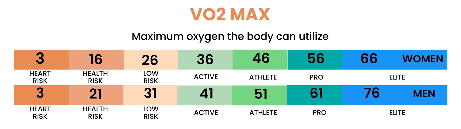 A VO2 Max chart showing oxygen levels from "heart risk" to "elite." VO2 Max refers to the maximum oxygen the body can utilize. It is also known as "maximal oxygen consumption," "peak oxygen intake," and "maximal oxygen uptake."