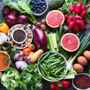 An image of fiber-rich fruit, vegetables, and legumes.
