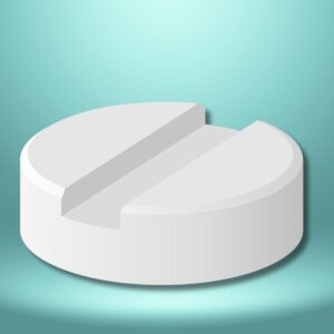 An image of a round medicinal capsule with a divider line in the center.