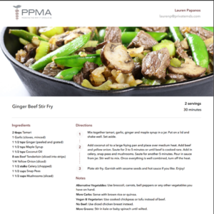 Recipe card for Ginger Beef stir fry from PPMA
