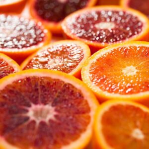 Close-up image of sliced blood oranges for Citrus Apple Cider Vinegar (ACV) Mocktail