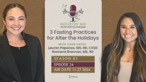 Graphic announcing new episode of the Nourish MD Podcast, "3 Fasting Practices for After the Holidays" which aired on November 27, 2024, on Spotify, YouTube, Apple Podcasts, and more.