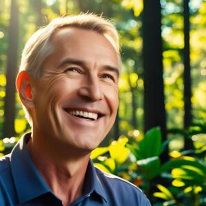 An image of a middle-aged man smiling on a nature hike. Mental Health Awareness