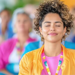 A young woman leads a meditation class. Heart health
