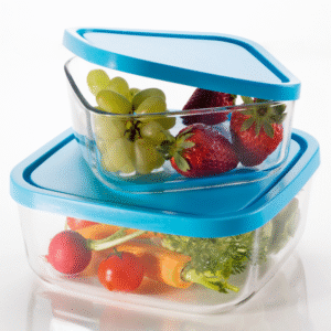 An image of two glass containers with blue plastic lids. the bottom container holds cut vegetables, and the top container holds grapes and strawberries.