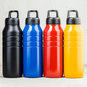 An image of four reusable water bottles: Black, blue, red, and yellow. Healthy Eating on the Go: 3 Simple Tips for Summer Travel