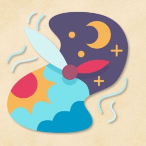 Circadian rhythm flock in center of flying night sky and day sky