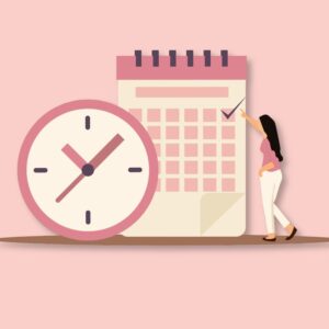 A graphic depicting the concept of habits with a calendar, clock and woman standing beside.