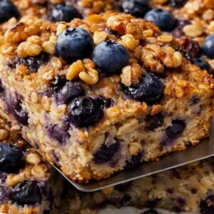 Close-up of Blueberry Walnut Protein Baked Oatmeal