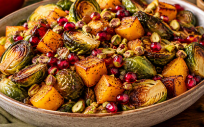 Roasted Brussels Sprouts & Butternut Squash with Pomegranate and Pistachios