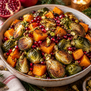 Roasted Brussels Sprouts & Butternut Squash with Pomegranate and Pistachios